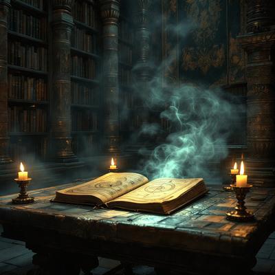 The primary subject of the image is a book, which is placed on a table. The setting is a library, with a large number of books surrounding the table. The visual style is a digital art, creating a mysterious and intriguing atmosphere. The colors are predominantly dark, with the book being the main focus, and the surrounding books adding depth and complexity to the scene.